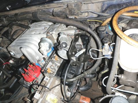1994 Ford Bronco - Close-up view of a vehicle's engine bay, showing the supercharger and other engine components.