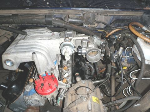 1994 Ford Bronco - Close-up view of an engine compartment, showing various components and wiring.