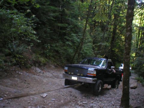 1978 Ford Bronco - A black pickup truck is being towed along a wooded dirt path, with another vehicle visible in the background.