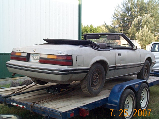 1984 Ford Mustang convertible, rear view, light color, on trailer