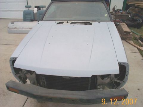 1984 Ford Mustang - This car body, possibly a Ford Mustang, is in primer and appears to be undergoing restoration.
