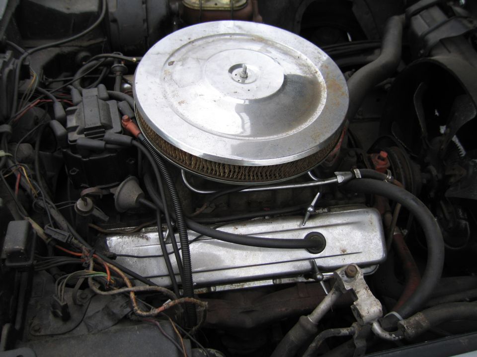 Engine bay showing chrome air cleaner, distributor, and valve covers