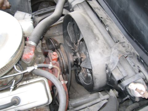 1991 Ford LTD Crown Victoria - Engine compartment detail showing the fan and shroud assembly.