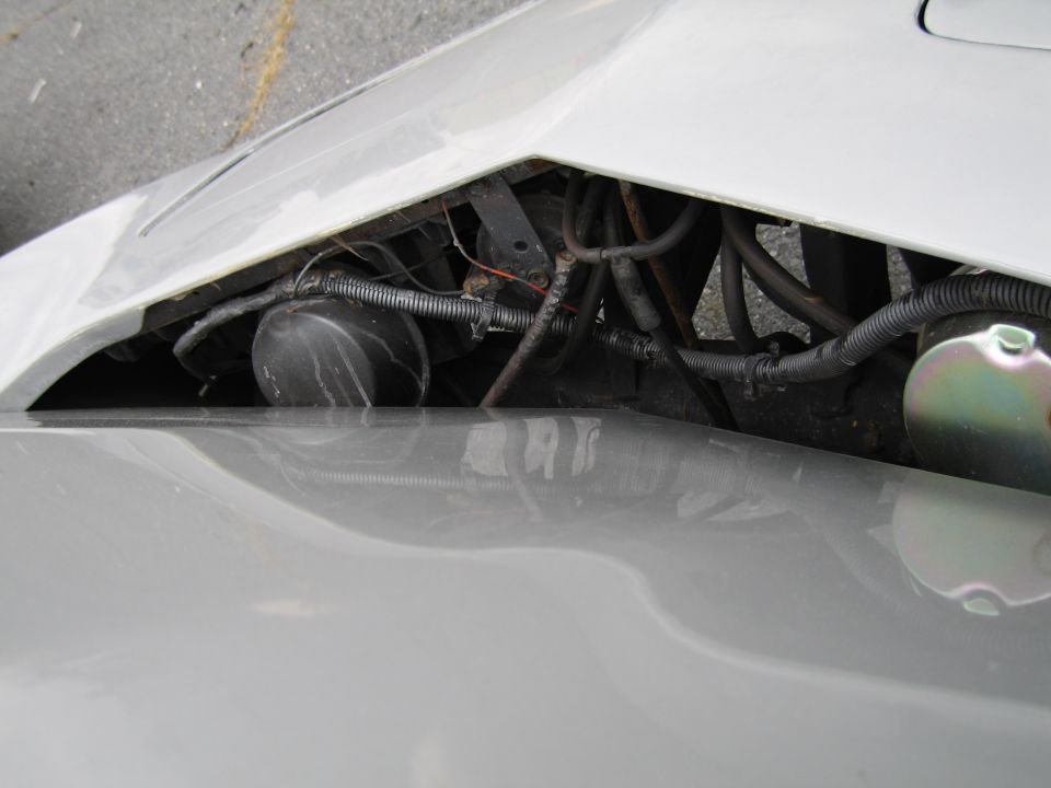 White car's engine compartment with black hoses and wiring visible