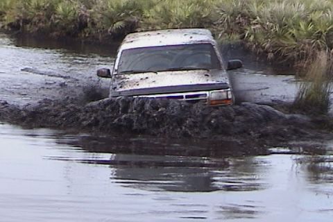 1993 Ford Bronco - This 1993 Ford Bronco is stuck in a muddy body of water, with vegetation in the background.