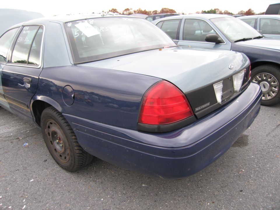 Rear quarter of a blue and gray police car, parked next to another police car