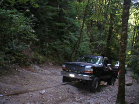 1993 Ford Bronco - A black pickup truck is being towed out of a wooded area on a rough dirt path.