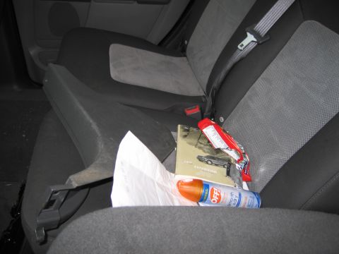 1991 Ford LTD Crown Victoria - Items are placed on the back seat of a car, including a book with a car on it and a can of OFF! insect repellent.