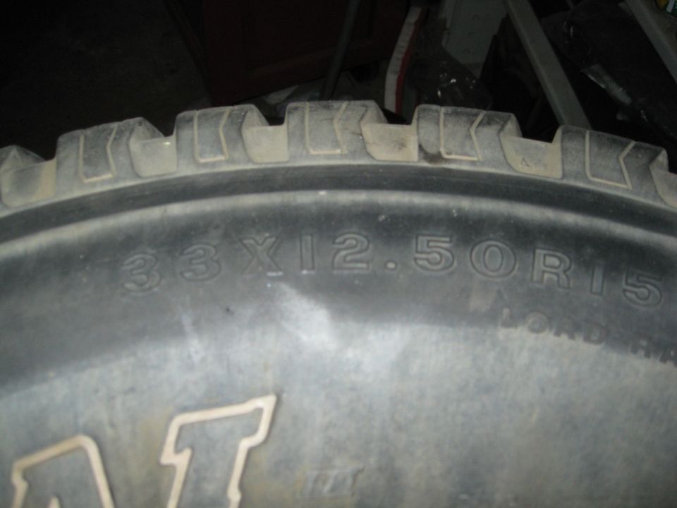 Tire sidewall showing size 33x12.50R15 and part of brand name