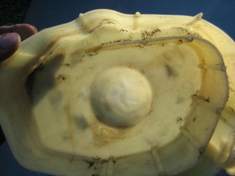 1996 Ford Thunderbird - A dirty plastic fluid reservoir is shown, with a hand holding it for examination.