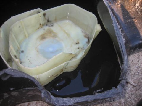 1996 Ford Thunderbird - This is a close-up view of a vehicle's fuel pump assembly, showing internal components and some fluid.