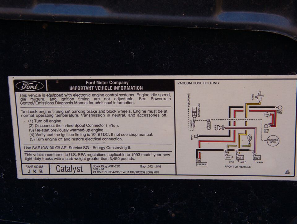 Ford 1993 Important Vehicle Information emissions decal with vacuum hose routing