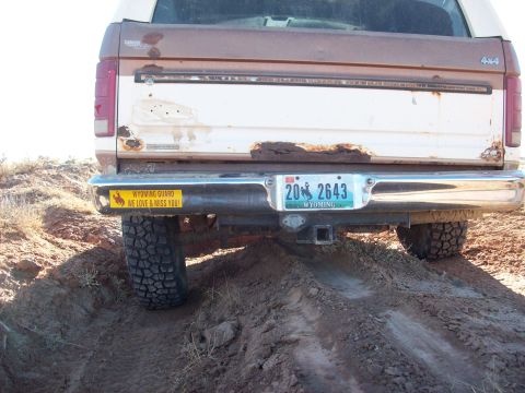 1985 Ford Bronco - This 1985 Ford Bronco displays a Wyoming license plate and a bumper sticker supporting the Wyoming Guard.