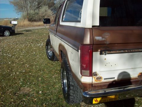 1985 Ford Bronco - Rear view of a two-tone 1980s Ford Bronco, showing rust damage and a side mirror.