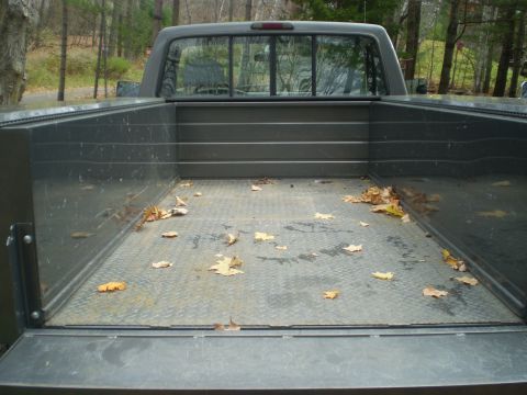 1979 Ford Bronco - The interior of a gray pickup truck bed, showing the diamond plate flooring scattered with autumn leaves.