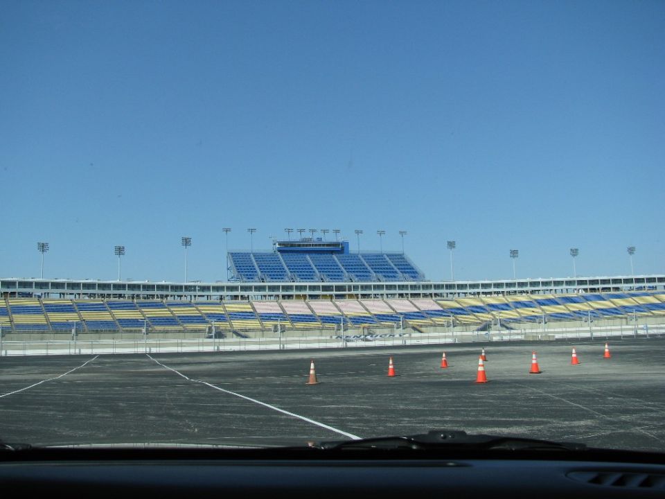 Kentucky Speedway grandstands and track with orange cones on the asphalt
