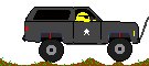 Gray SUV with a white star emblem on the side, driven by a yellow figure wearing sunglasses