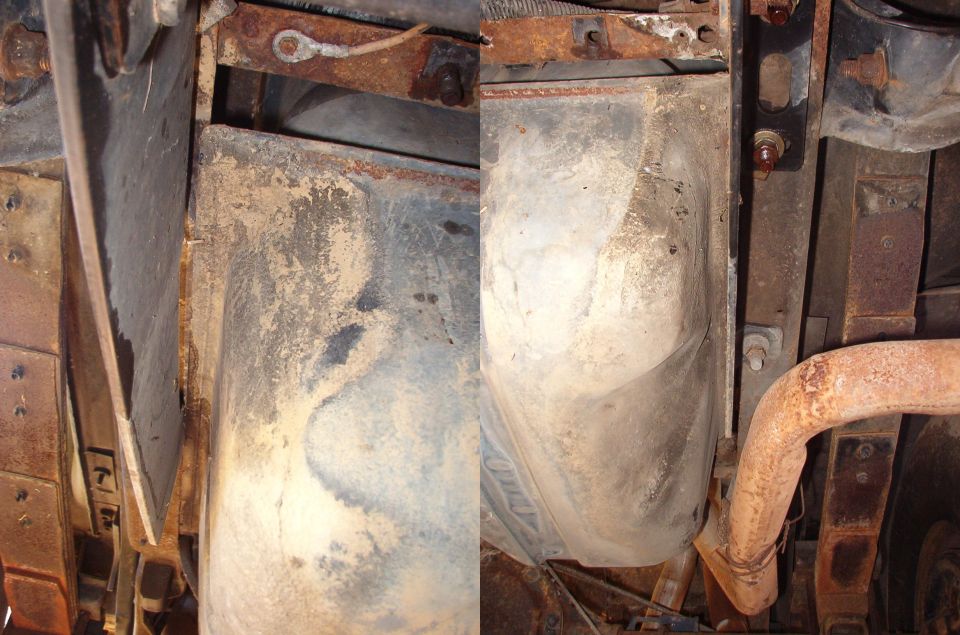 Underbody views of a dirty metal fuel tank, rusty frame rails, and exhaust pipe beneath a vehicle.