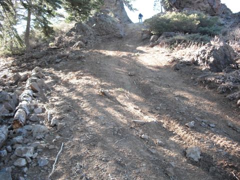 1991 Ford Bronco - A lone figure ascends a dirt path surrounded by trees and rocky terrain.