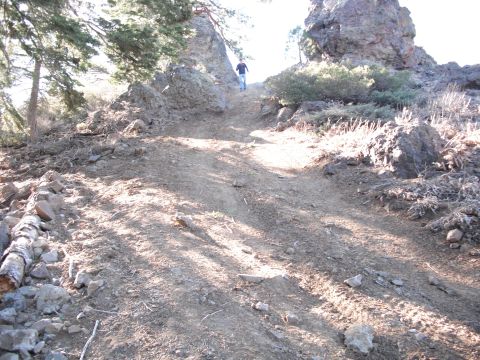 1991 Ford Bronco - A person is walking up a steep, rocky dirt path on a hillside with trees and large rocks.