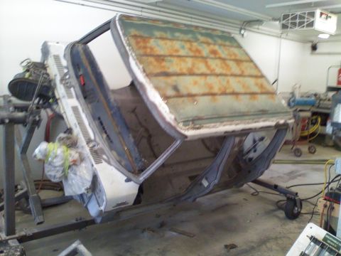 1979 Ford F-250 - This vehicle body is undergoing restoration work, mounted on a rotisserie for easier access.