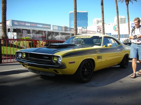 1998 Ford Crown Victoria - A yellow 1970 Dodge Challenger T/A is parked on a street with buildings and palm trees in the background.