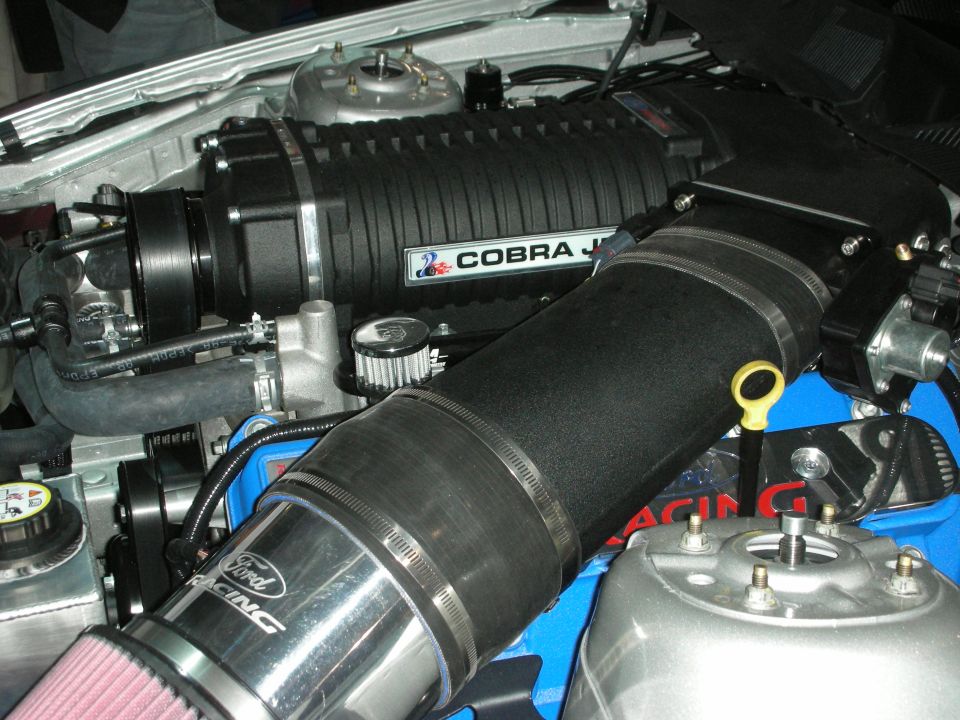 Engine bay with black Cobra J supercharger and Ford Racing intake tube