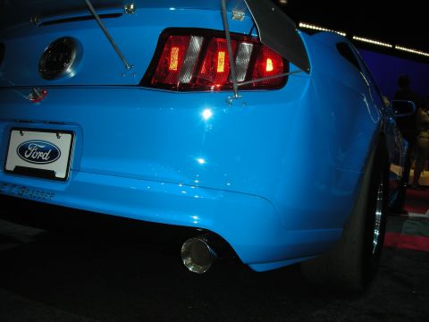 1998 Ford Crown Victoria - Rear view of a blue Ford Mustang showing its taillights, license plate, and exhaust.