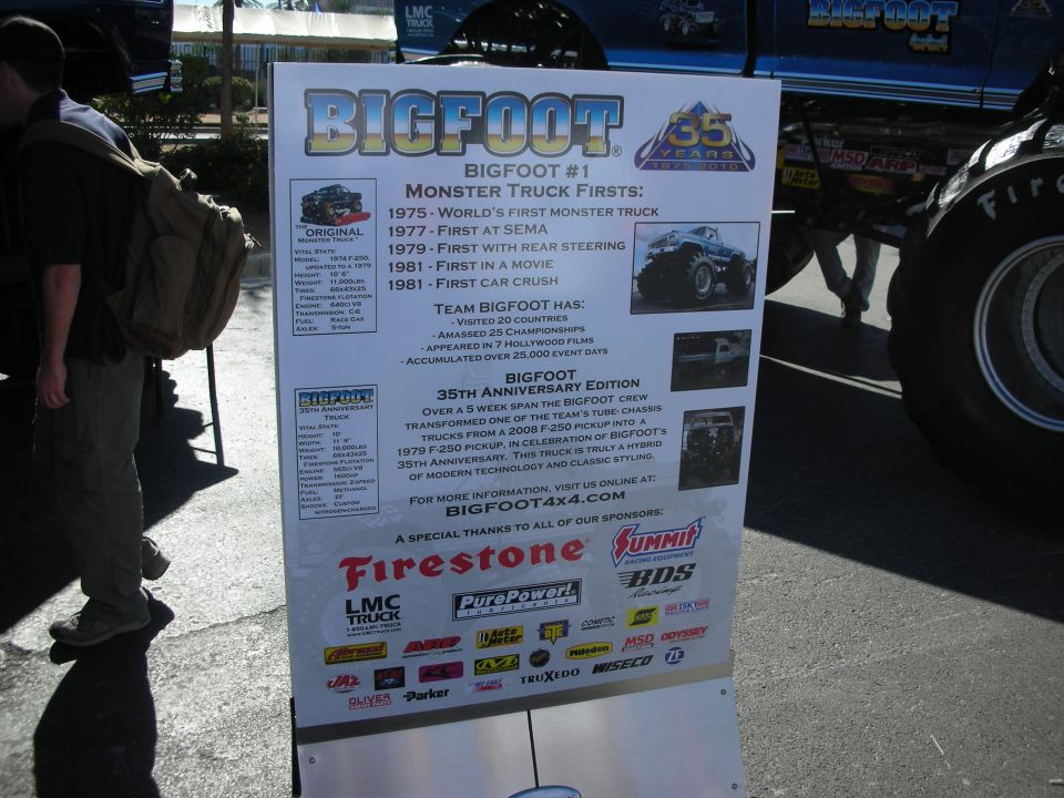 Bigfoot monster truck 35th anniversary show information sign with sponsor logos