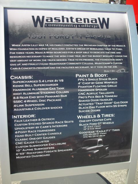 1998 Ford Crown Victoria - A document displays the specifications for a custom 1951 Ford F-1 Pickup, built for the Make-A-Wish foundation.