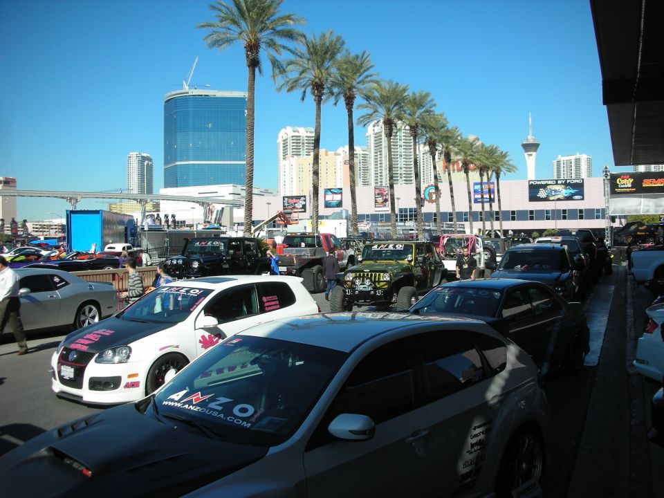 Cars and Jeeps parked in a lot with palm trees and buildings in the background