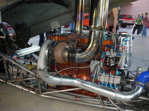 1998 Ford Crown Victoria - Custom diesel engine with turbocharger and extensive plumbing, likely for a race vehicle.