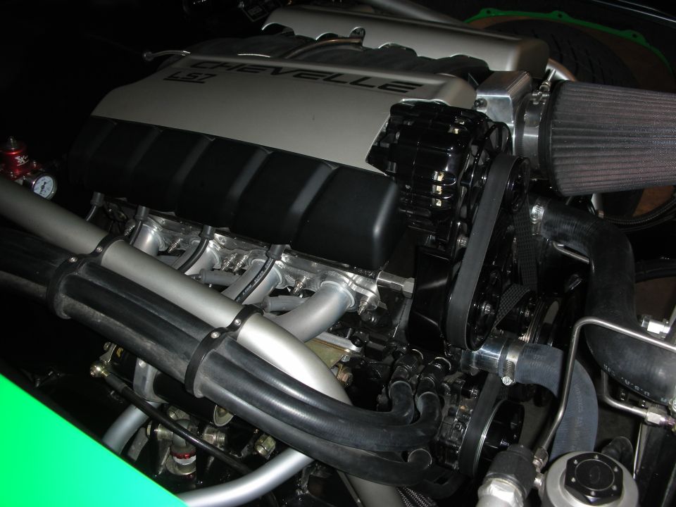 Chevelle LS7 engine with chrome exhaust manifolds and black air intake