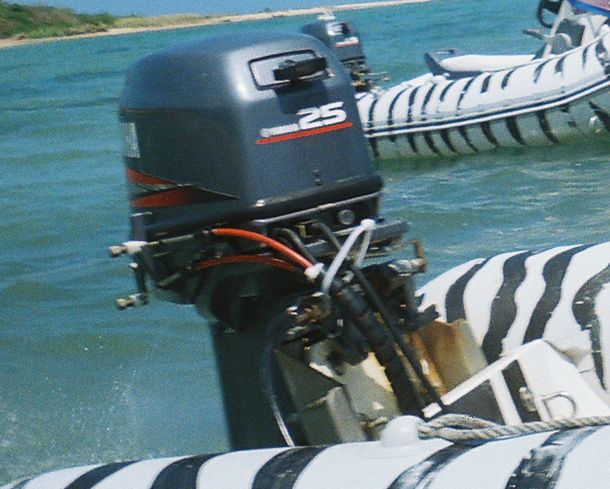 Outboard motor with '25' visible, attached to a boat with zebra stripes