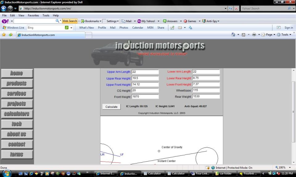 Computer screen showing Induction Motorsports suspension calculator web page