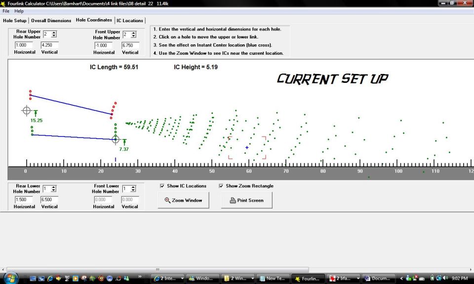 Software screenshot of a four-link suspension calculator with hole coordinates