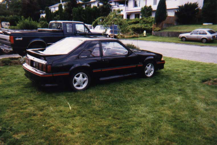 Black coupe with red side trim and a rear spoiler parked on grass. A black pickup truck is behind it