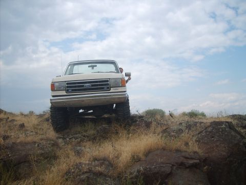 1989 Ford Bronco - White Ford F-Series truck with large tires driving off-road on a cloudy day.