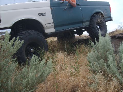 1989 Ford Bronco - This lifted Ford F-250 is navigating a rocky, overgrown trail.
