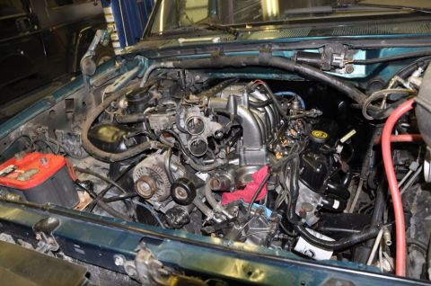 1996 Ford Bronco - The engine bay of a 1996 Ford Bronco shows its V8 engine, battery, and various hoses and wires.