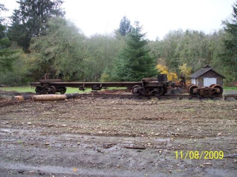 1989 Ford Bronco - Two old railroad flatcars sit on tracks in a wooded area next to a small shed.