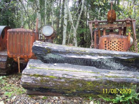 1989 Ford Bronco - Old tractor and logging equipment sit abandoned in a forest clearing.