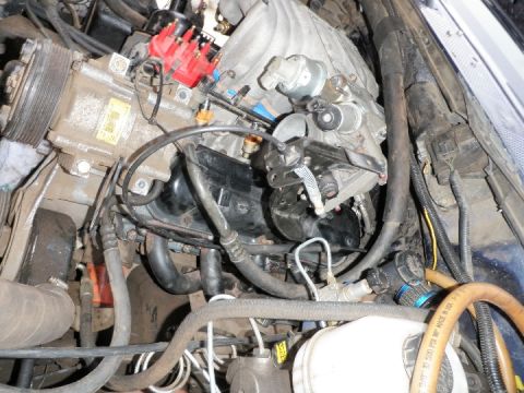 1994 Ford Bronco - Close-up view of engine components including the AC compressor and distributor cap.
