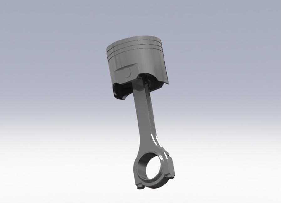 3D CAD render of a piston and connecting rod assembly with I-beam rod and big-end cap