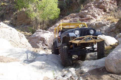 1981 Ford F-150 - A modified jeep navigates a challenging rocky trail, its off-road capabilities.