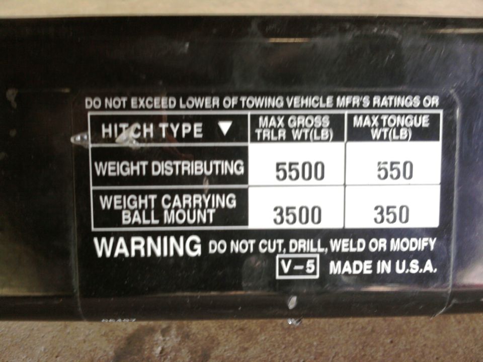 Hitch type label showing weight distributing and weight carrying capacities