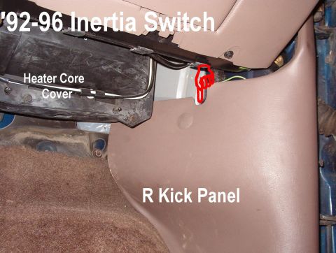 1983 Ford Bronco - '92-96 Inertia Switch Push in notch to reset. Remove the kick panel & pry the red button up through the notch in the housing to trip the sw…