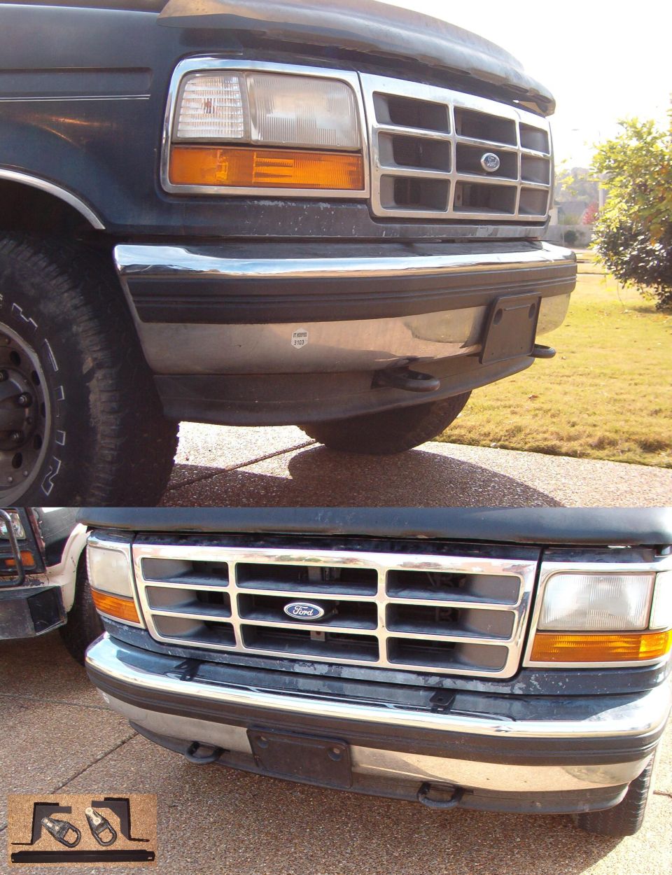 Two views of a 1990s Ford truck front end with chrome bumper and oval grille