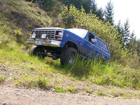1980 Ford Bronco - A blue SUV navigates a steep, grassy incline surrounded by trees.