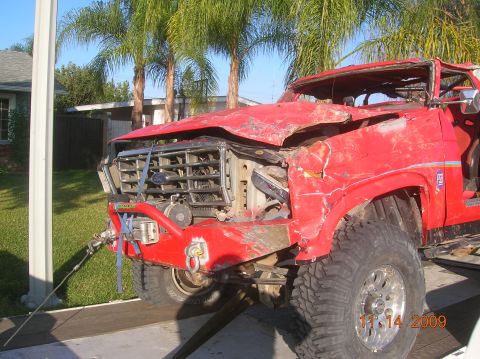 1985 Ford Bronco - This 1985 Ford Bronco sustained significant front-end damage and appears to be on a trailer.